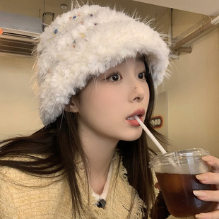 Handmade Crocheted Wool Hat Children's 2024 New Winter Furry Warm Face Showy Small Knitted Hat Tube Fisherman Hat
