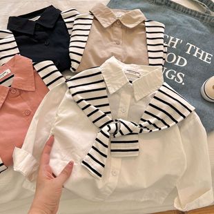 2024 Spring Cotton Children's Autumn Long-sleeved Shawl Shirt Boy's Lapel Top Trendy South Korea Fake Two-piece Shirt