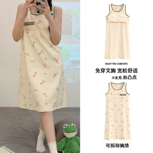 [With chest pad] strap cotton nightgown with chest pad double pockets summer cotton Women's pajamas women's home clothes women