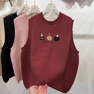 2024 Spring and Autumn Women's Round Neck Embroidered Sweater Vest Japanese and Korean Cross-border Easiest for Match Outerwear Sleeveless Sweater Top