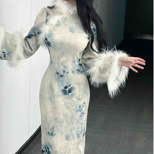 [Tuberose Jade] 2024 New Chinese Style Autumn and Winter Thick Inverted Sleeve Improved Cheongsam Gentle Literary Style