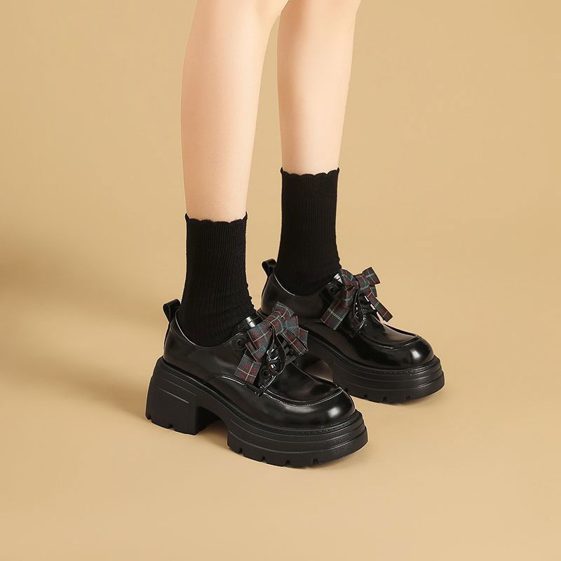 Korean Style Women's Leather Shoes 2026 Spring and Autumn New Mirror Finish British Style Lace-Up Bowknot Height-Increasing Thick-Soled Loafers for Women