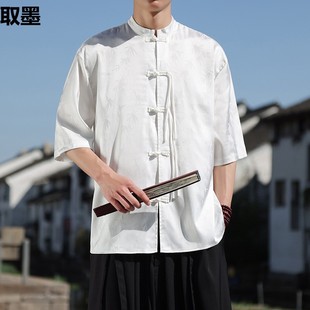 Chinese Style Summer Men's Tang Dress Short-sleeved Shirt Vintage Buckle Jacquard Collar Ice Silk Draped Half-sleeved Shirt