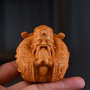 Golden Hall Solid Wood Carving Fu Lu Shou Samsung Small God of Wealth Handle Small Ornaments Tea Pet Wood Carving Crafts Desktop