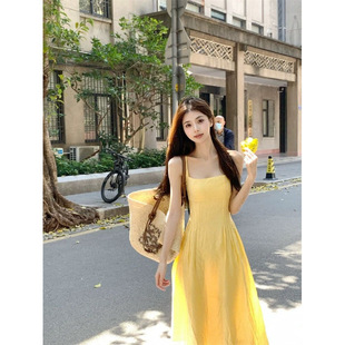 French Style Small Yellow Sling dress Women's Clothing Summer New Waist Elegant Long Dress Seaside Holiday Skirt
