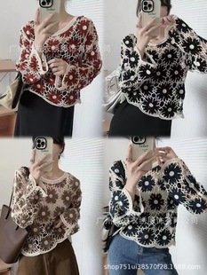 2024 Early Autumn New Korean Style Hollow Crochet Long Sleeve Slim Retro Design All-match Niche Knitted Top