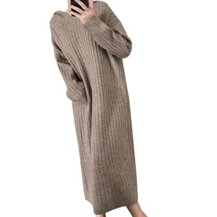 Autumn and Winter New Long Knee-length Hooded Loose Lazy Style Knitted dress Vertical Stripe Slim Sweater Dress for Women