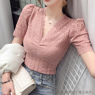 Feifei Sleeve Hollow Lace Shirt Women's Summer New Short Sleeve Collar Sexy Top Women's Niche Slim-fit All-match Small Shirt