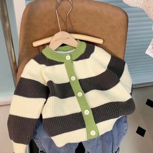 2024 New Arrival Spring and Autumn Sweater Korean Style Long Sleeve Striped Cardigan Contrast Single Breasted Round Neck Knitted Jacket for Boys and Girls