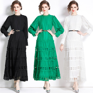 Black White long dress dress skirt 2024 women's retro solid color long sleeve hollow embroidered large swing dress women