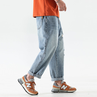 Pants Men's Spring and Autumn New Ripped Jeans Men's Loose Straight Casual Fashionable Light Color Pants Men's Fashionable Brand