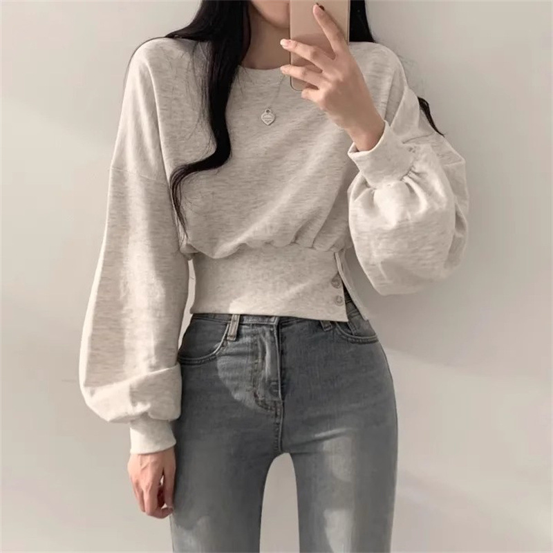 디자인 감각이 돋보이는 여성용 가을 얇은 라운드넥 스웨트셔츠, 허리라인 강조, 활용도 높은 루즈핏, 슬림한 무캡 긴팔 상의