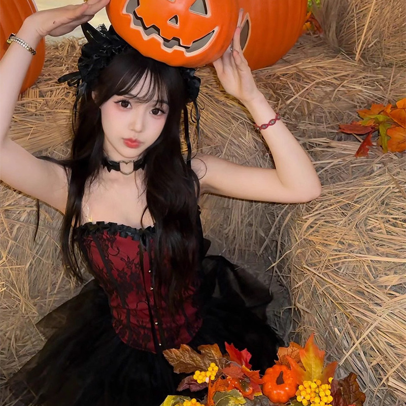 Halloween Outfit Pure Lusty Sweet Hottie Retro Red Lace Tube Top Top Mesh Puffy Skirt Suit