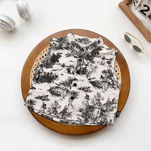 Ins Baby Baby Sleeveless Shirt Summer Boys' Baby's Vertical Collar Shirt National Style Cotton Cloth Top Ink Painting Trendy