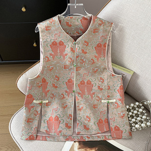 New Chinese Style National Style National Style Vintage Heavy Industry Embroidered Buckle Jacquard Brocade Gold Vest Cardigan Jacket