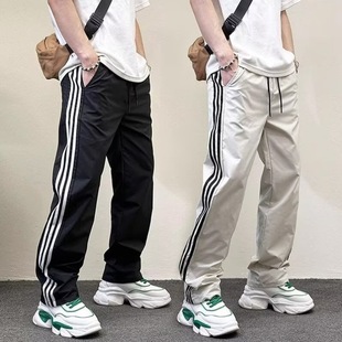Men's Summer Thin Casual Pants American Style Loose Straight Quick-drying Striped Three-bar Trousers Trendy All-match Sports