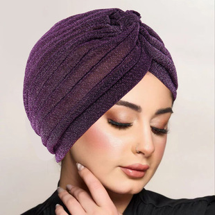 Cross-border European and American New Bright Silk Solid Color Simple Muslim Baotou Hat Women's Travel All-match Indian Hat in stock