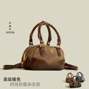 High-end Retro Contrast Color Handheld Bowling Bag Women's 2025 New Fashionable Shoulder Bag All-match Crossbody Bag