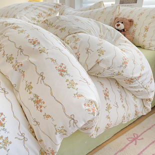 Autumn and Winter Cotton Bed Four-piece Set New 100 Cotton Thickened Warm Bedding Pastoral Quilt Cover Sheet Man Bed Cover 4