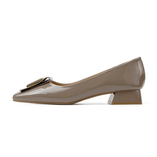 2024 new patent leather square toe shoes women's European and American style metal letter V thick heel low heel shoes all-match women's shoes