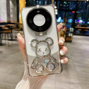 Huawei Pura70pro quicksand violent bear phone case flip lens bracket mate60PRO plated protective cover