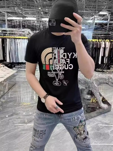 European Station Short-sleeved T-shirt Men's Trendy Brand Fashionable Ins Letter Hot Drilling High-end European Brand Silk Cotton Casual T-shirt