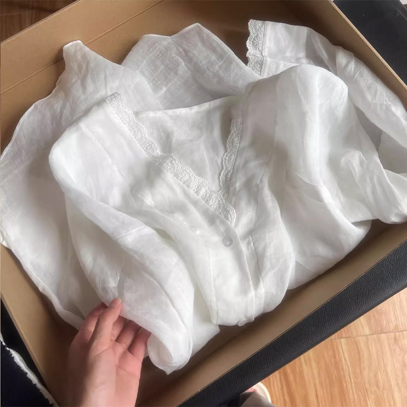 추천!여름 여성을 위한 고품질 프렌치 레이스 브이넥 모시 자외선 차단 셔츠, 게으른 스타일, 루즈한 긴팔 자외선 차단 셔츠