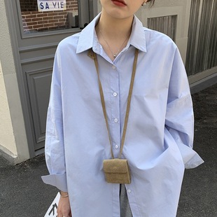 Autumn light blue shirt top women's Western style 2023 new student inner wear outer wear loose all-match long sleeve shirt