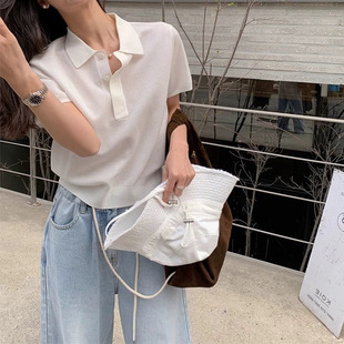 in stock manufacturers wholesale white polo shirt shoulder short sleeve knitted t-shirt women new casual top women