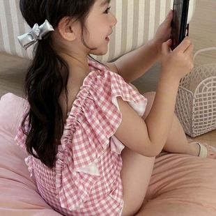 2025 Summer New Style KS Girls Baby Girls Pink Plaid Lace Swimsuit Girls Holiday Children Swimwear