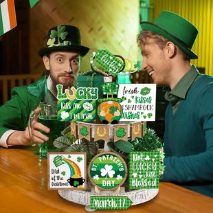 Irish Theme St Patrick's Day Decorative Layered Tray Wooden Table Logo Green Clover Dwarves