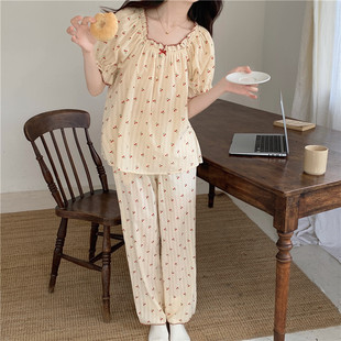 Korean-style Cotton Jacquard Sweet Cherry Contrast Color Loose Comfortable Spring and Summer Outer Wear Sleepsuit Set