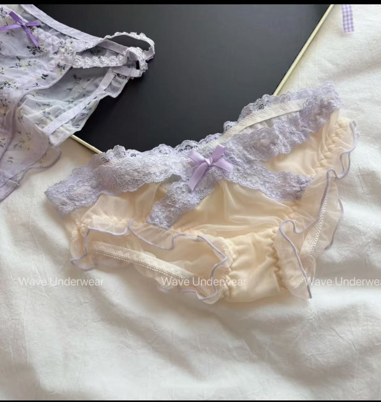 Japanese-style fresh purple lace panties for women, sweet mesh, alluring and transparent, low-waisted, pure cotton crotch, girly briefs.