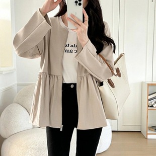 2024 autumn and winter new Japanese and Korean women's clothing contrast stitching waist long sleeve light jacket zipper coat women's top
