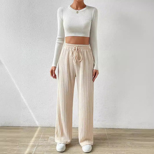 European and American 2024 New Knotted Waist Textured Knitted Wide Leg Pants Elapto High Waist Solid Color Casual Loose Straight Women's Clothing