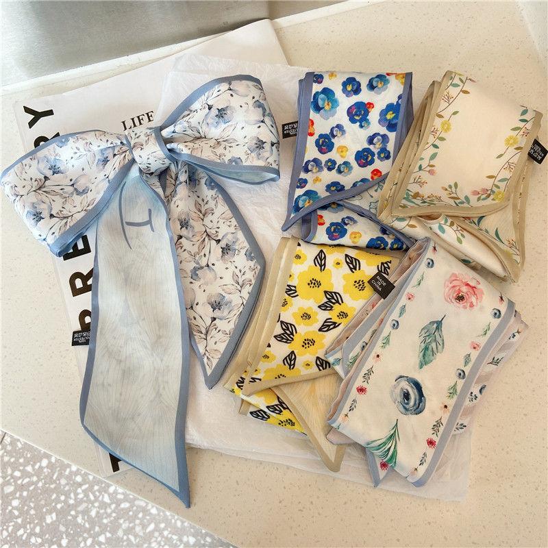 Romantic Flower season pastoral style silk scarf tie bag all-match ribbon long scarf small fresh Korean floral tie hair band