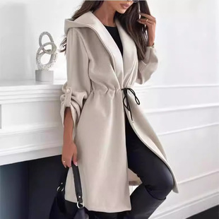 2024 Europe and the United States cross-border Amazon fashion strap hooded lapel ladies casual long sleeve autumn and winter new coat style