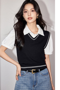 Fake Two-piece Short-sleeved Shirt Design Sense Women's Niche Puff-sleeved Chic Short Top Sweet Spicy Polo Collar Fresh Style
