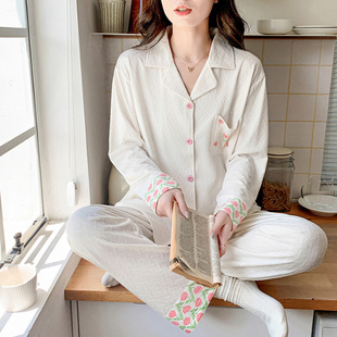 Pajamas Women's Spring and Autumn New Lapel Cardigan Long-sleeved Trousers Girls Simple Casual Loose Home Clothes Two-piece Set