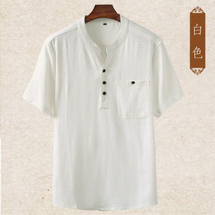 2021 Chinese Style Linen Suit Men's Large Size V-neck Tang Suit Middle-aged and Elderly Cotton Linen Suit T-shirt Dad Summer Short-sleeved