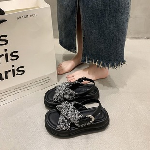 New Chinese Style Printed National Style Sandals Women's Thick Sole 2025 Summer New All-match Explosions Sports Beach Roman Shoes