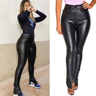 Cross-Border Supply European and American Wish Casual Pants with Slits, Personalized High-Waisted Slimming Tight Women's Pants Pu Amazon Leather Pants