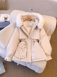 Mid-length Parker Clothing Women's Winter New Korean Style plus size Tight Waist Slimming Hooded Large Fur Collar fleece-lined Down Cotton-padded Coat