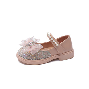 Girls Leather Shoes Rhinestone Fashion Princess Shoes 2024 New Arrival Bow Children's Shoes Soft Sole Girls Crystal Shoes