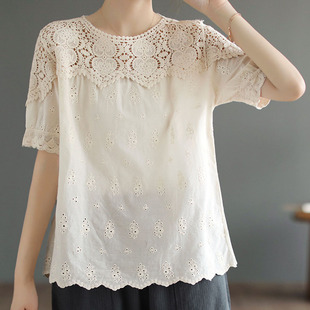 Japanese and Korean Style Lace Stitching Hollow Top Women's Summer New Niche Design Short-sleeved T-shirt Slimming Age-reducing T-shirt