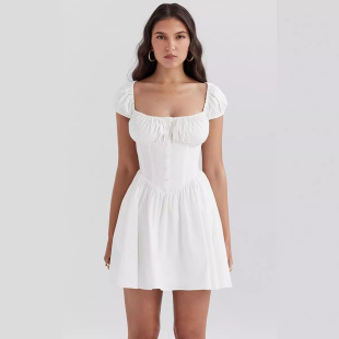 Girl's Age-Reducing French Style Retro Royal Court Style Sweet Pleated Square Collar Bubble Sleeve Slim-Fit Slimming Mini Dress