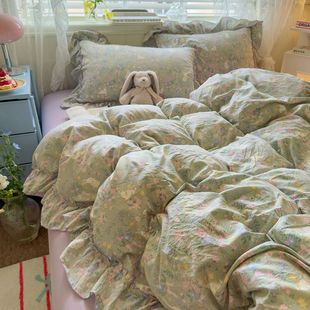 Cartoon Fresh Girl Cute Bed Four-piece Set Washed Lace Student Dormitory Quilt Cover Bed Sheet Dormitory Three-piece Set