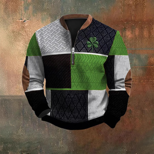 2025 European and American fashion retro personality color block stitching 3d digital printing patch half zipper long sleeve sweater men's clothing