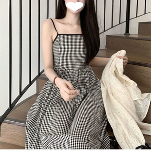 Korean style plaid suspenders dress suit women's 2024 new high waist slimming sunscreen top skirt two-piece set
