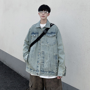Renyun fashion printed retro Pu handsome casual jacket men's 2023 Autumn New washed distressed Denim jacket